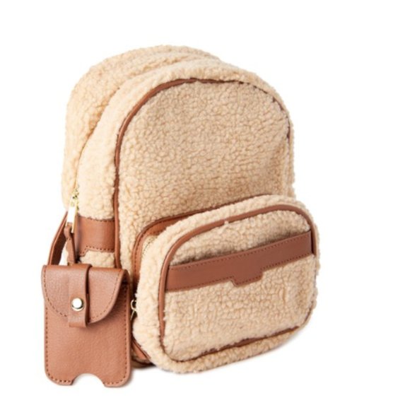 Brand new tan fuzzy mini backpack convertible crossbody with adjustable strap - Picture 1 of 15